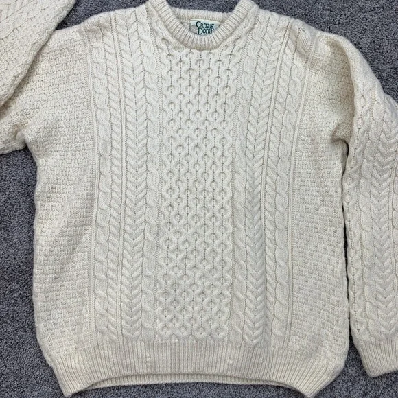 Carraig Donn Irish Wool Cable Knit Fisherman Sweater Pullover Mens Cream Large